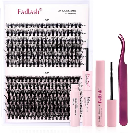 FADLASH Kit Pestañas Postizas Individuales 240pcs 30/40D 8-16mm, Bond and Seal, Removedor Pegamento Pestañas, Pinzas de Pestañas Bricolaje en Casa