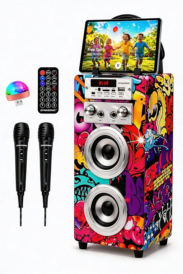 Karaoke Portátil DYNASONIC (025-12 luz) Maquina de Karaoke con 2 Micrófonos, Altavoz Bluetooth, Luz USB incluida, Lector USB y SD, diseño Exclusivo, Regalo Original