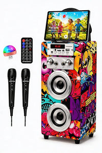 Karaoke Portátil DYNASONIC (025-12 luz) Maquina de Karaoke con 2 Micrófonos, Altavoz Bluetooth, Luz USB incluida, Lector USB y SD, diseño Exclusivo, Regalo Original