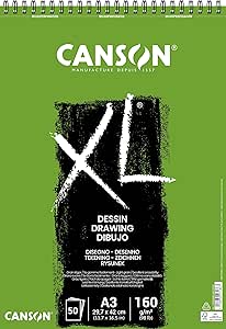Canson XL, Papel de dibujo, Grando ligero, 160gsm, Espiralados sobre el lado corto, A3-29,7x42cm, Blanco, 50 Hojas