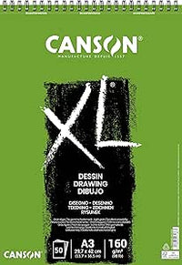 Canson XL, Papel de dibujo, Grando ligero, 160gsm, Espiralados sobre el lado corto, A3-29,7x42cm, Blanco, 50 Hojas