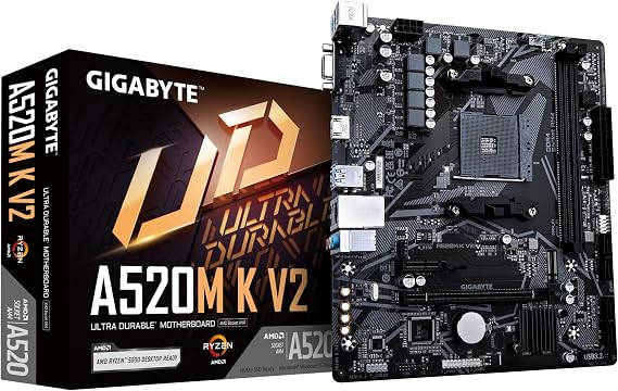 GIGABYTE Placa Base A520M K V2 - Compatible con CPUs AMD Ryzen Serie 5000 AM4, hasta 5100MHz DDR4 (OC), PCIe Gen3 x4 M.2, LAN GbE, USB 3.2 Gen 1