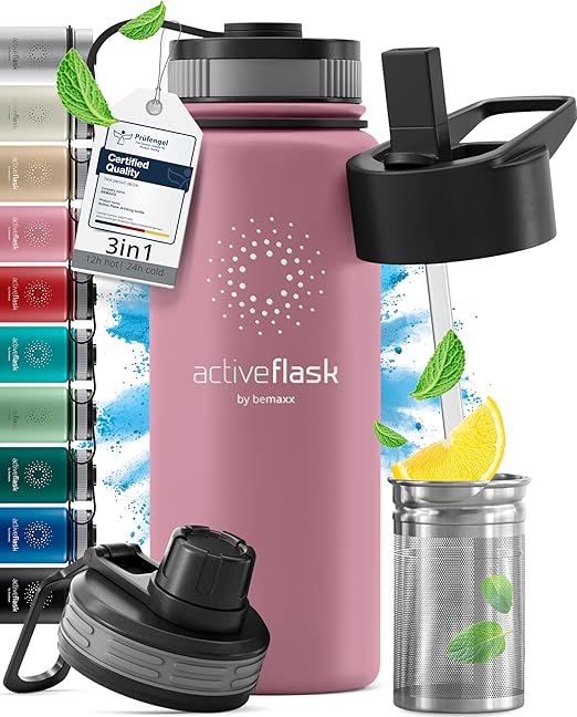 Botella de Agua Térmica ACTIVE FLASK + Pajita (3 Tapones) sin BPA - 1l & 500ml | Frasco Termo de Acero Inoxidable + Aislamiento Vacío | Cantimplora Aislada Bicicleta Deporte Caliente Fría Café Té