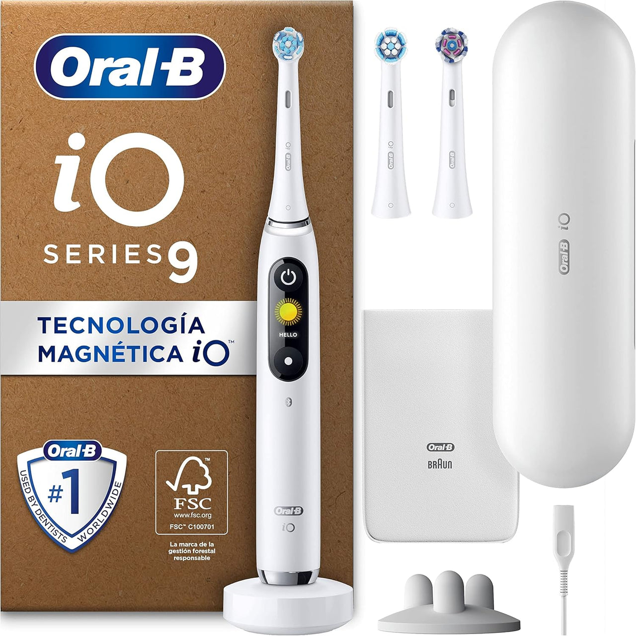 Oral-B iO 9 Cepillo de Dientes Eléctrico con Mango Recargable, 3 Cabezales y Estuche de Viaje con Cargador, Diseñado por Braun, Regalos Originales para Mujer y Hombre - Blanco