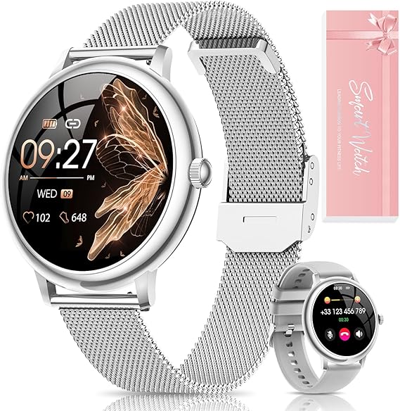 RUXINGX Reloj Inteligente Mujer, Redondo Elegante 1.19" AMOLED Pantalla Táctil, Smartwatch con Llamadas Función Femenina 120+ Deportes Pulsómetro SpO2 Sueño Podómetro Android iOS Regalo Navidad Plata