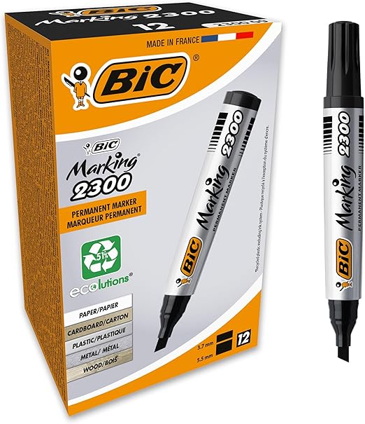 BIC Marking 2300, Pennarello Permanente, Nero, con 51% di Materiali Riciclati, Punta Resistente 3.7-5.5 mm, Cancelleria Casa e Ufficio, 12 Unità