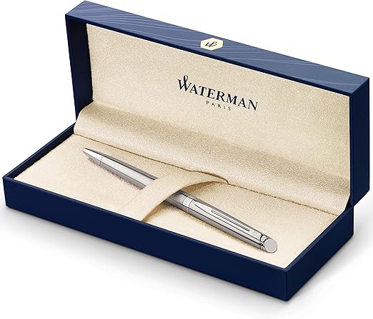 Waterman Hémisphère bolígrafo, acero inoxidable con adorno cromado, punta media con cartucho de tinta azul, estuche de regalo.