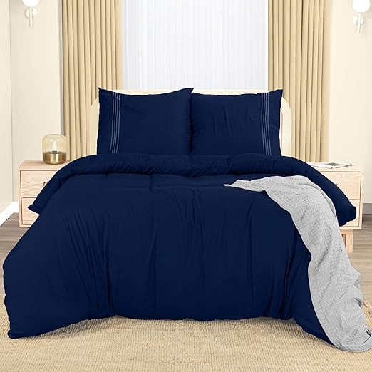 Utopia Bedding Funda Nordica Cama 105 - Microfibra Juego de Funda de Edredon 200x200 cm y 2 Bordado Fundas de Almohada 80x80 cm (Azul Marino)