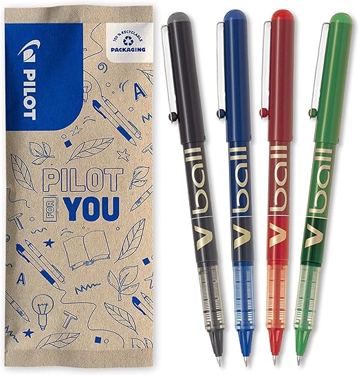 PILOT - Set di 4 V-Ball 07 - Penne Roller con Inchiostro Liquido - Punta Conica Media per una Scrittura Fluida e Precisa - Asciugatura rapida - Nero, Blu, Rosso, Verde - Punta Media
