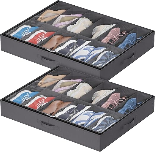 Lifewit 2 Piezas Bolsas de Almacenamiento para Zapatos con Ventana Transparente, Cajas Almacenaje Zapatos Plegables Debajo de la Cama con Asas, Organizador Zapatos, 12 Compartimentos, Gris, 2x12 Pares