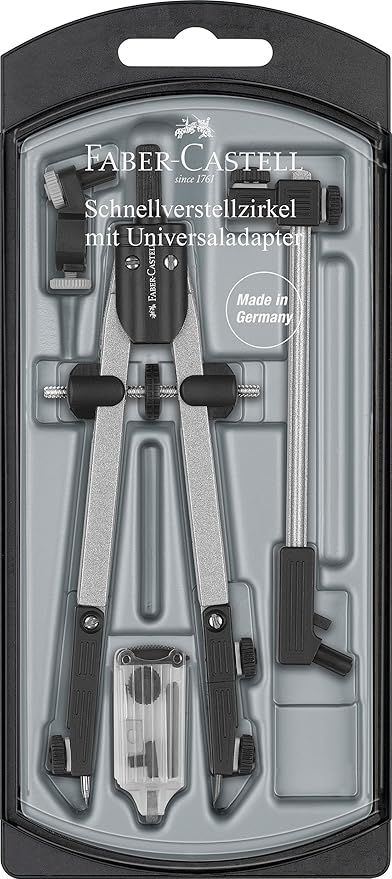 Faber-castell 174045 - Compás de Ajuste Rápido con Adaptador Aniversal + Alargadera y Accesorios