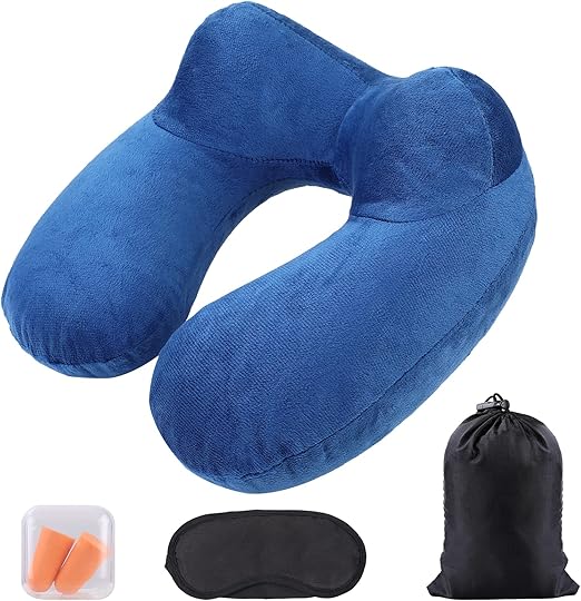 AiQInu Cojin Cuello Viaje, Almohada de Viaje Hinchable con Funda Lavable,Incluye Tapones para los Oídos, Máscara de los Ojos y Bolsa de Transporte Oficina del Automóvil del Avión
