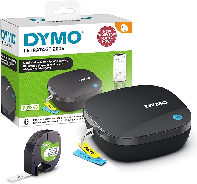 DYMO Etiquetadora LetraTag 200B Bluetooth, Impresora de etiquetas compacta |Se conecta mediante tecnología inalámbrica Bluetooth a iOS y Android , Incluye 1 cinta de etiqueta de papel blanco