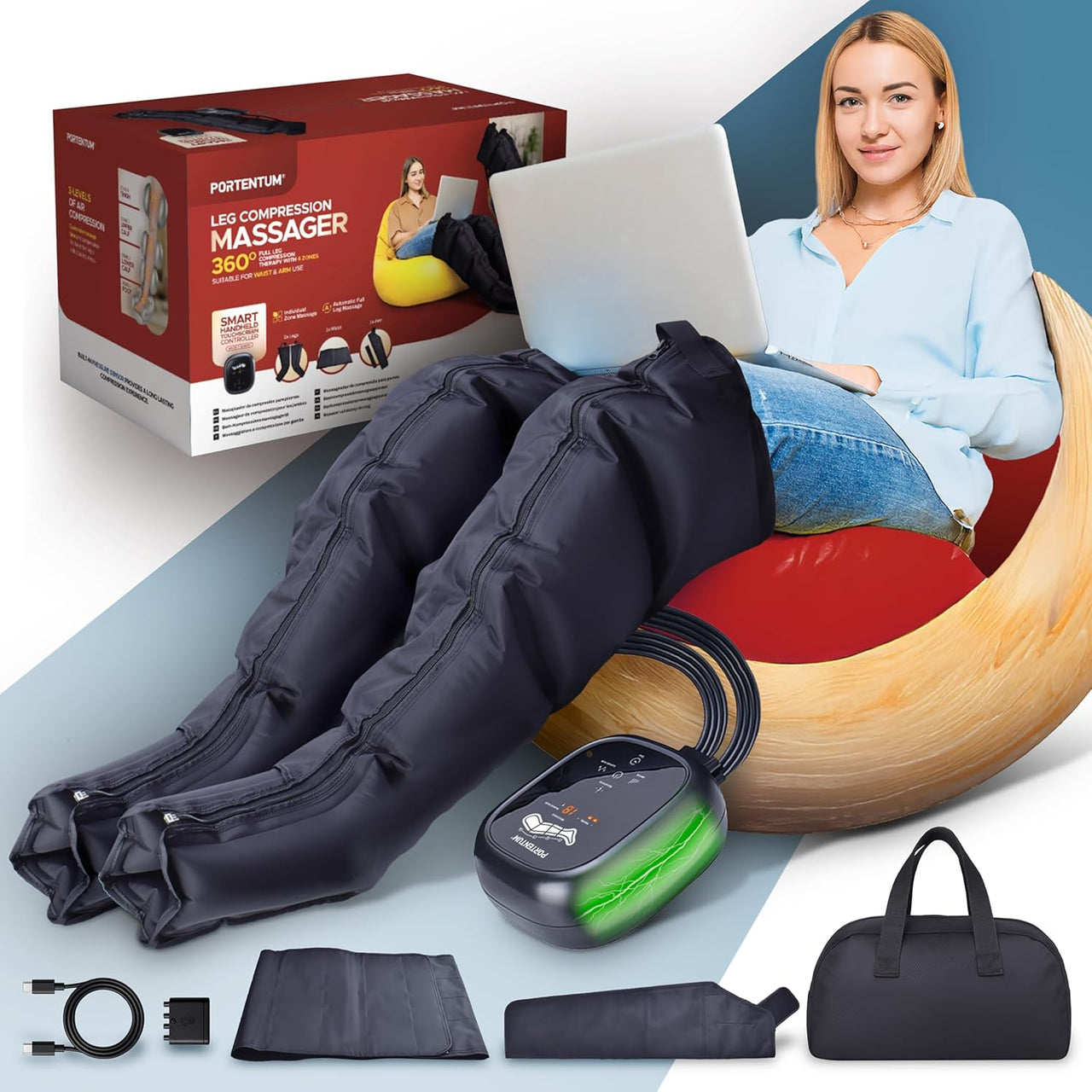 PORTENTUM Presoterapia para casa con batería – Masajeador piernas y abdomen con 8 modos y 3 intensidades – Mando con pantalla LCD – USB-C – Accesorios para brazo y cintura – Bolsa de transporte