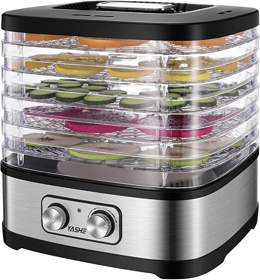 YASHE GGJ-261A Deshidratador de Alimentos, 5 Bandejas Ajustables en Altura, Control de Temperatura 35-70°C, Deshidratador de Frutas y Verduras de 240 Vatios, Sin BPA