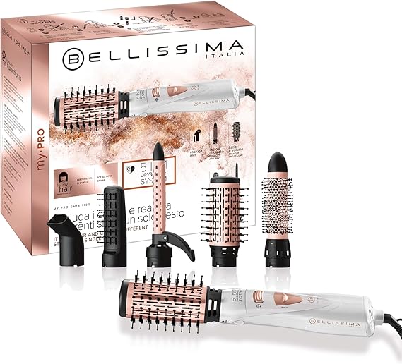 Bellissima Imetec My Pro GH18 1100, Cepillo moldeador de aire, revestimiento en cerámica, 5 accesorios para cabellos lisos y luminosos, ondas suaves o rizos marcados, 1000 W, color blanco, estándar