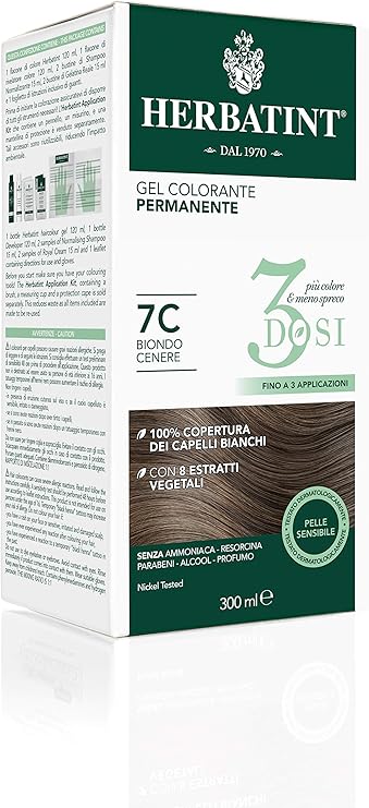 Herbatint Gel colorante permanente 3Dosis, 300 ml – 7C Rubio Ceniza, sin amoníaco, para pieles sensibles, cobertura 100% de cabellos blancos, con 8 extractos naturales ecológicos