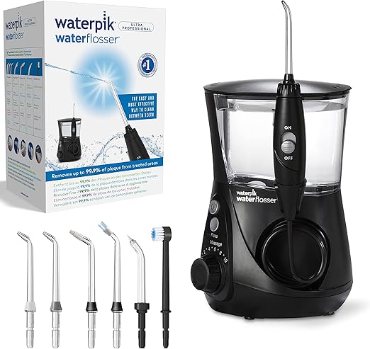 Waterpik Ultra Irrigador Dental Sobremesa Profesional con Agua a Presión y Sistema Avanzado de Control de Presión Mediante 10 Posiciones con 7 Boquillas, Eliminación de Placa Dental, Negro (WP-662EU)