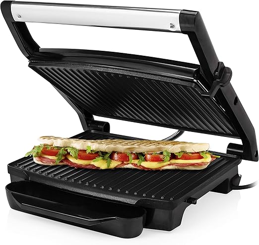 Princess 112415 Grill para bocadillos con tapa flotante y plancha, Se puede guardar en vertical u horizontal, superficie de la parrilla 30 x 24 cm, bandeja recoge grasa, 2000 W