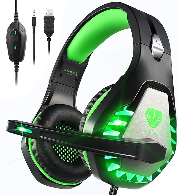 Pacrate Auriculares para Videojuegos 2023 - PS4 PS5 PC Xbox One, Xbox Series X - LED Clarity Sound con Micrófono de Cancelación de Ruido de 3,5 mm (Negro Verde)