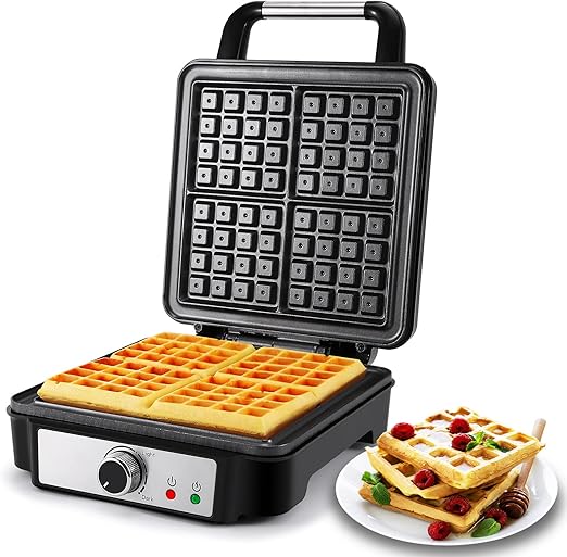 YASHE Gofrera, Máquina de Gofres Cuadrada de 4 Rebanadas, 5 Perillas de Dorado, Luces Indicadoras, Antidesbordamiento, Recubrimiento Antiadherente, 1200W, Plateado/Negro