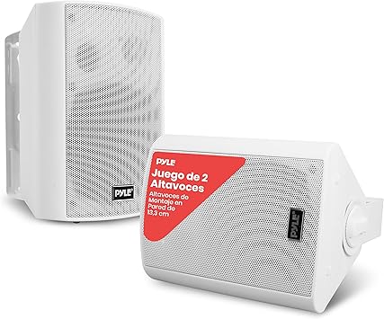 Pyle Sistema de par de Altavoces, Activo, Pasivo, Resistentes a la Intemperie, Inalambricos, Sonido Estereo, Interiores, Exteriores, AUX, Bluetooth, Blanco