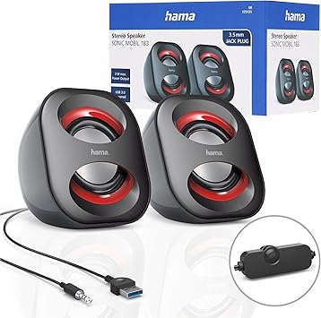 Hama | Altavoces para Ordenador (Altavoz estéreo con conexión Jack de 3.5, Altavoces portátiles y Ligeros, impedancia 4 Ohm), Color Negro y Rojo
