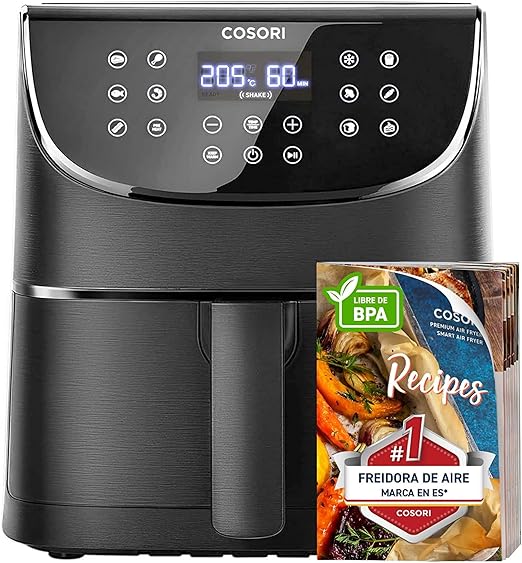Cosori Freidora de Aire 5.5L Interior Metálico Real, Air Fryer Diseño Antióxido, Tecnología Calefacción Uniforme, 40 Recetas, Reducción de Grasas para una Vida Saludable, Eficiencia Energética, 1700W