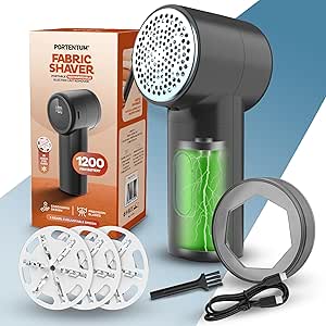 PORTENTUM Quitapelusas Electrico – Pantalla LED, 3 Velocidades hasta 9.000 RPM, Cuchilla 6 Hojas, hasta 2h de Autonomía, Quita Pelusas Ropa y Tejidos del Hogar USB C Recargable, Compacto y Potente