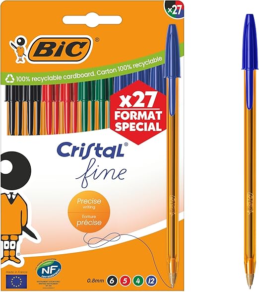 BIC Cristal Fine Bolígrafos de Punta Fina (0,80 mm) - Colores de Tinta Surtidos, Caja de Edición Especial de 27