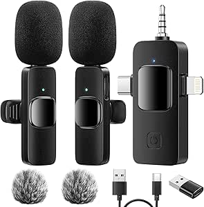 GlasFlength Microfono Inalambrico para iPhone Android Cámara PC, 4 en 1 Mini Micrófono Inalámbrico Solapa Plug&Play Portátil Wireless Microphone Reducción de Ruido para Grabación de Video TIK Tok