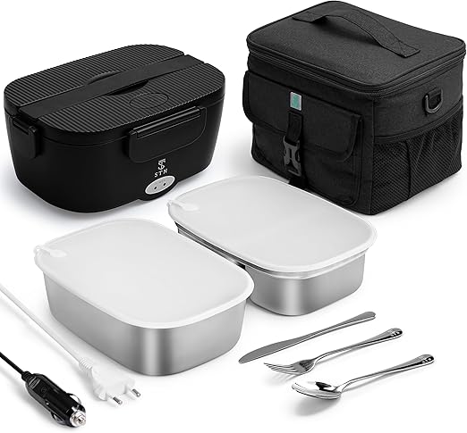 STN Fiambrera Electrica Set 80W con 2 recipientes de acero inoxidable de 1,5L,Bolsas Isotérmicas,Juego de Cubiertos Grande para 12V/24V/220V
