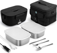 STN Fiambrera Electrica Set 80W con 2 recipientes de acero inoxidable de 1,5L,Bolsas Isotérmicas,Juego de Cubiertos Grande para 12V/24V/220V