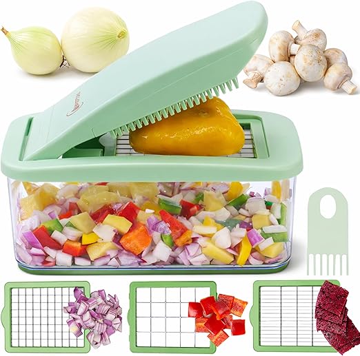 Brieftons QuickPush - Picador de alimentos para verduras, cortador de cebolla, 3 cuchillas extragrandes con un 200% más de área de corte para cortar dados y verduras, recipiente de 2,5 litros