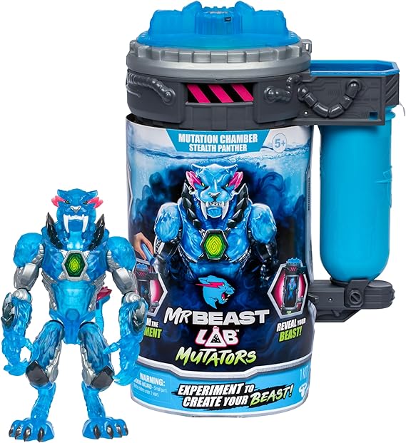 MrBeast Lab Mutators; Mutiere das ultimative Biest. Experimentiere und erschaffe die Stealth Panther-Actionfigur von MrBeast. 3 zum Sammeln, Iconic Panther, Stealth Panther, Metallic Panther
