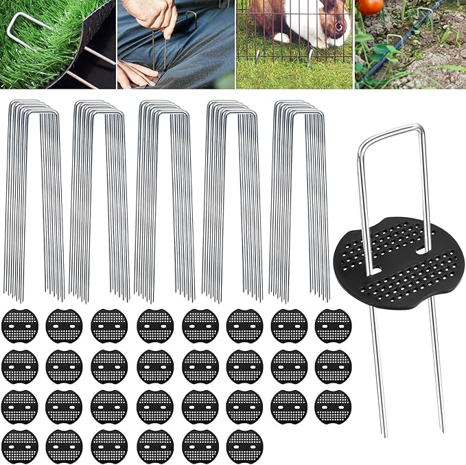 Frasheng Grapas Césped Artificial, 100 Grapas para Jardín y 30 Arandelas, 150x30x3mm, Acero Galvanizado, Grapas para Malla Antihierba, Cesped Artificial y Jardin