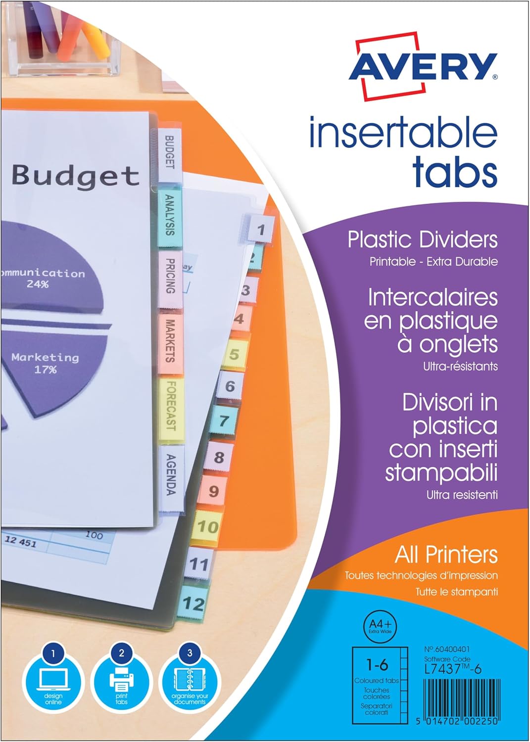 AVERY - Intercalaires à onglets personnalisables et imprimables, 6 touches, Format A4+ (permet de classer des pochettes perforées), En polypropylène coloré translucide