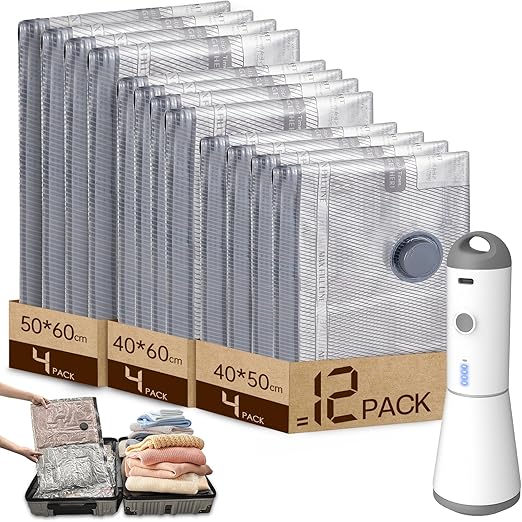 Vacbird Bolsas de Vacío Ropa con Bomba de Vacío Eléctrica Inalámbrica, 12 Bolsas al Vacío para Ropa (4 pequeñas, 4 medianas, 4 grandes), Ahorro de Espacio, Ideal para ArtíCulos De Viaje