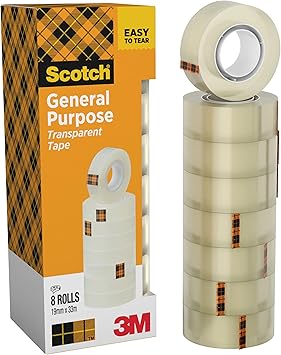 Scotch Cinta Adhesiva Transparente - 8 rollos - 19mm x 33m - Cinta Adhesiva para Uso General para el Colegio, el Hogar y la Oficina