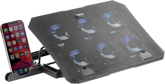 Mars Gaming MNBC23, Base Refrigeradora y Stand 16”, 6 x Ventiladores Controlables con LED Azul, Stand 6 Posiciones, Soporte Smartphone, 2 USB 2.0, Negro