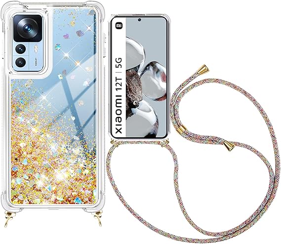 Kaply Funda para Xiaomi 12T / 12T Pro con Cuerda,Carcasa Glitter Liquida Cordón TPU Suave Silicona Case con Correa Colgante Ajustable Collar Correa de Cuello Cadena