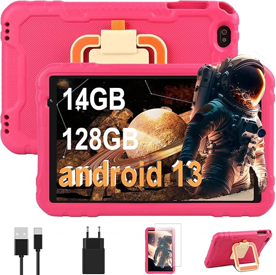 fezawio Tablet 10 Pulgadas 8 Core Android 13 Tableta con 14GB RAM+128GB ROM (TF 512) HD IPS Display |5MP+8MP|2.4G+5G Wi-Fi |8000mAh-Super Protective Antichoque Eva Estuche Protector,Rojo