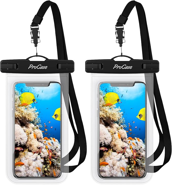 ProCase 2 Bolsa Impermeable Universal para iPhone 16/15/14/13/12 Mini/Pro/Pro MAX/SE 2020/XS Max/XR/X/8/7+/6S, Galaxy S20/S20+/S20 Ultra 5G/S10/S10e/S9/S9+/Note8, Huawei Xiaomi LG BQ hasta 7" -Claro