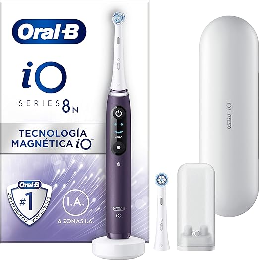 Oral-B iO 8N Cepillo de Dientes Eléctrico con Mango Recargable, 2 Cabezales y Estuche de Viaje, Diseñado por Braun - Violeta