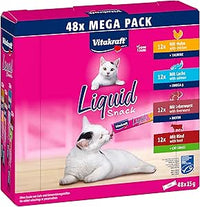 Vitakraft Liquid Snack para Katzen, Katzen Leckerlis im Mega Pack (48x15g), cremige Textur, con Rind, con Huhn, con Lachs, 1 Vorratspackung