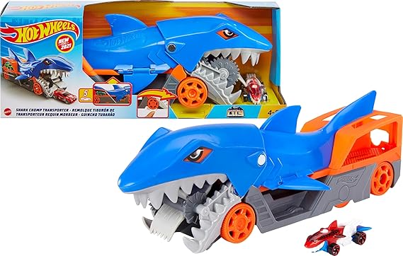 Hot Wheels Tiburón mastica Coches, Guarda y transporta hasta 5 Coches de Juguete Die-Casts (Mattel GVG36)