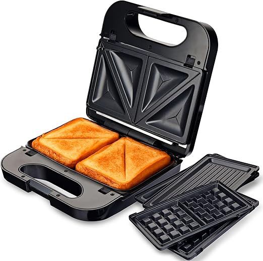 Grunkel - Sandwichera con placas intercambiables (2 sandwiches con corte, grill y 2 gofres). Superficie antideslizante y antiadherente de 850W de potencia y tacto frío. Color acero inoxidable.