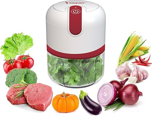 BEPER P102ROB050 Picadora recargable USB, Mini Robot de Cocina, Capacidad 250 ml, Potencia 3,7V,3 Cuchillas Acero Inoxidable, Batería recargable, Rojo/Blanco