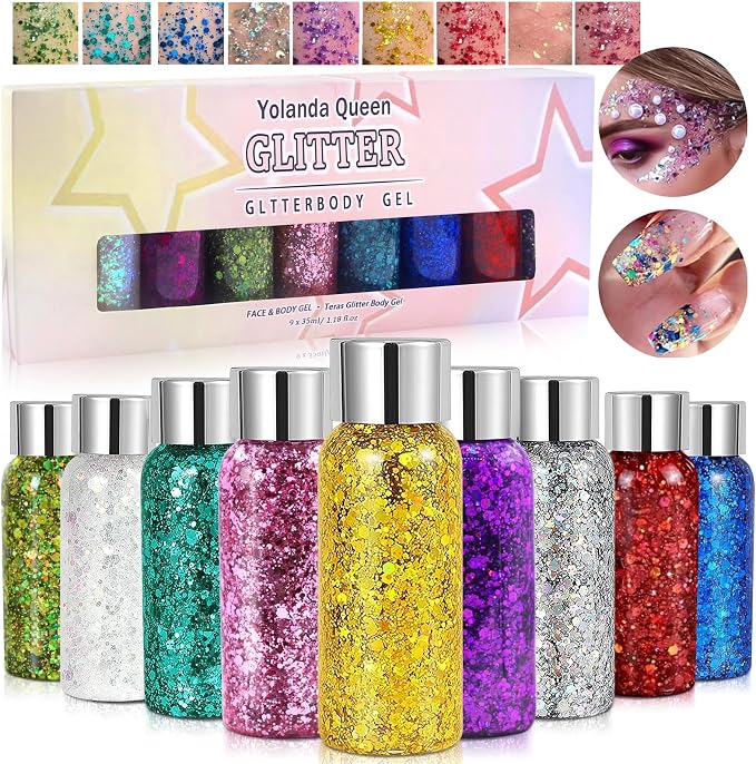 AOKITO Festival Gel de Purpurina para Rostro y Cuerpo – 9 Botellas de Gel Corporal con Cucharas, Purpurina Gruesa para Carnaval, Festival, Mascarada y Maquillaje de Fiesta
