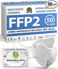 Thumbnail for ADESTE – 50 Mascarillas FFP2 Blancas con Certificado CE, cadena controlada, elásticos cómodos, hipoalergénicos y regulables. Seguras: potencia de filtrado BFE >99,5%. Sobres individuales sellados